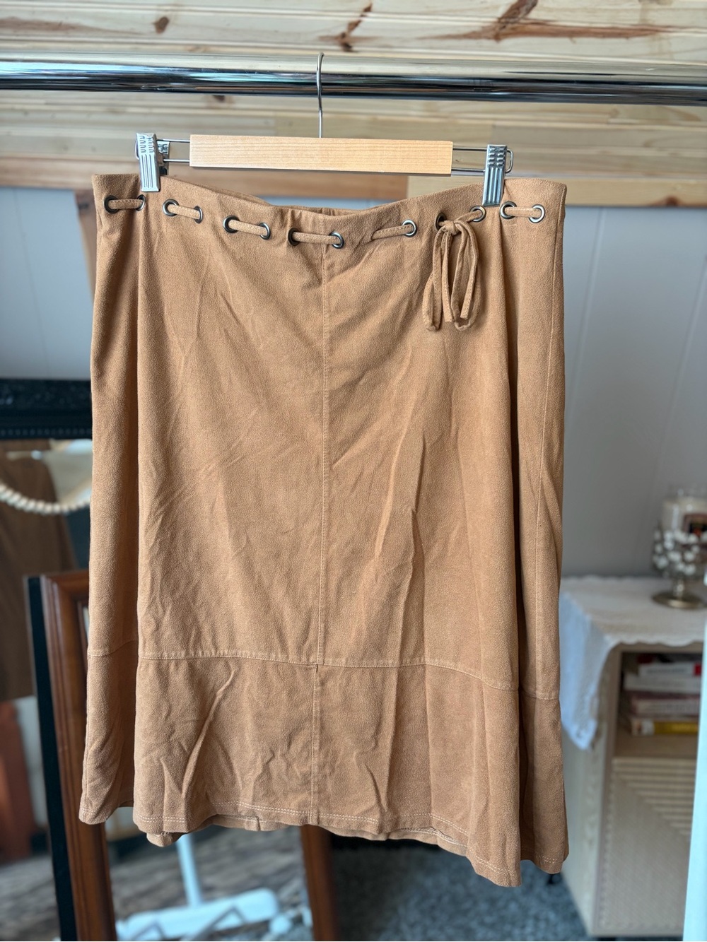 new directions Tan Suede-Look Midi Skirt with Eyelet Tie Waist